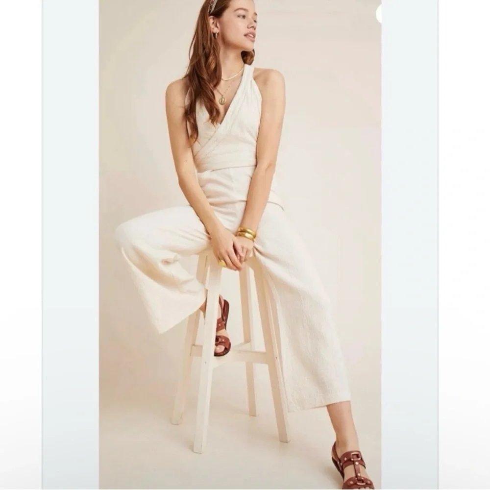 NWOT Anthropologie wide leg Cream Cotton Textured Jumpsuit